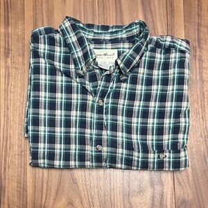 Eddie Bauer Men's Casual Plaid Button Up Short Sleeve Shirt - Navy and Green